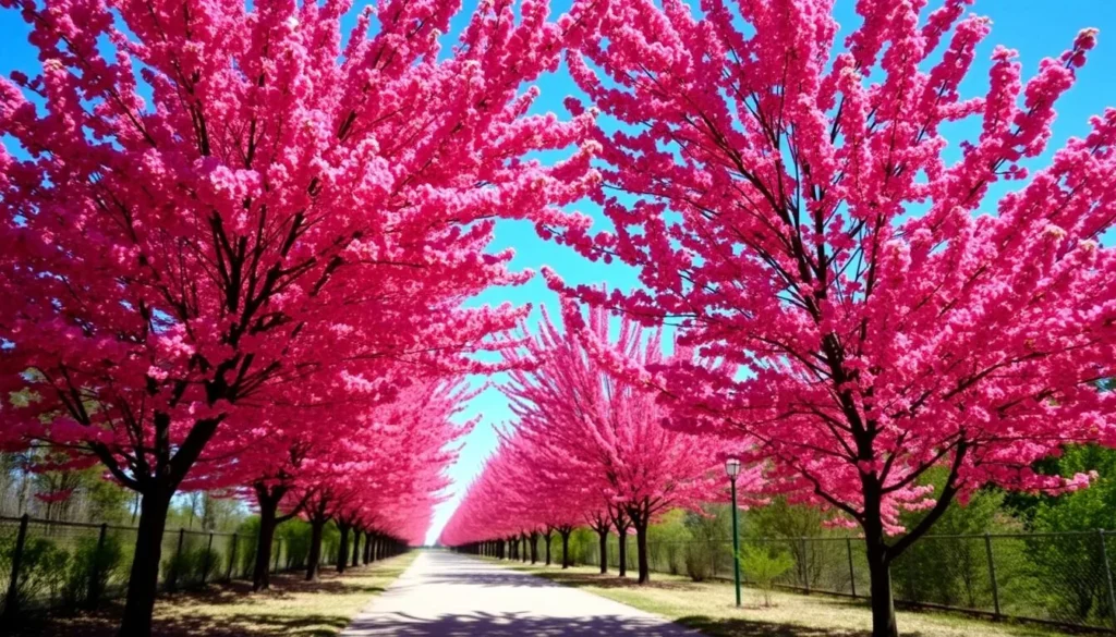 An image of a serene trail surrounded by redbud trees in full bloom.