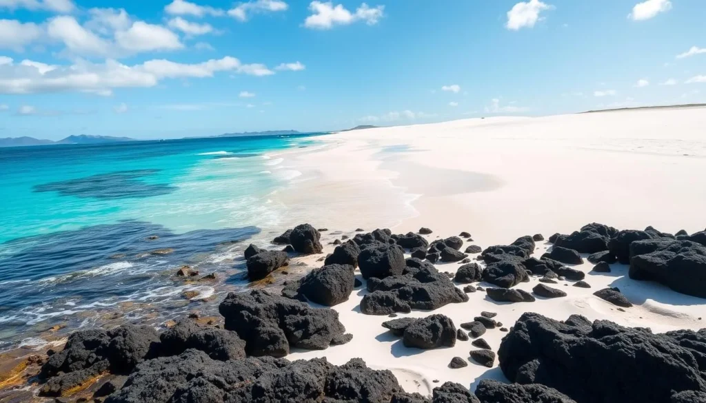 An image of a serene white sand beach on the Big Island with crystal-clear waters and a picturesque landscape.