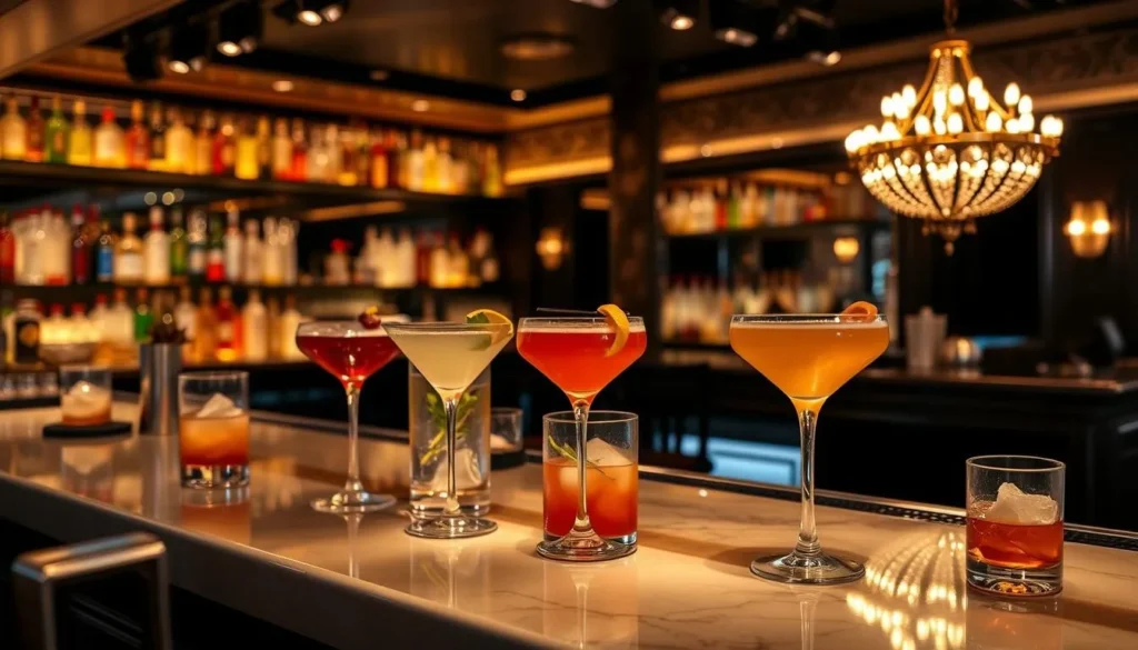An image of a stylish bar with expertly crafted cocktails