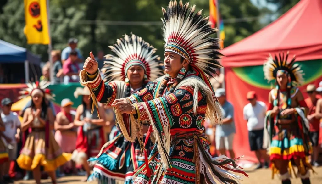An image of a traditional American Indian dance performance at the Red Earth Festival