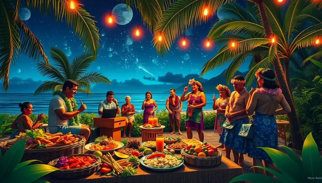 An image of a traditional Hawaiian luau with local food, music, and dance.