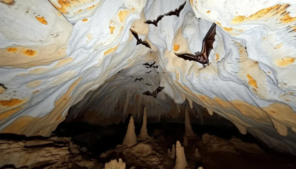 An image of a vast underground gypsum cave with unique black alabaster formations and bats flying overhead.
