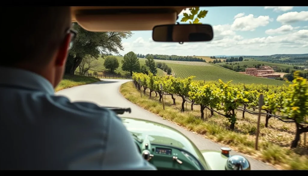 An image of a vintage Citroën 2CV driving through Bordeaux's vineyards.