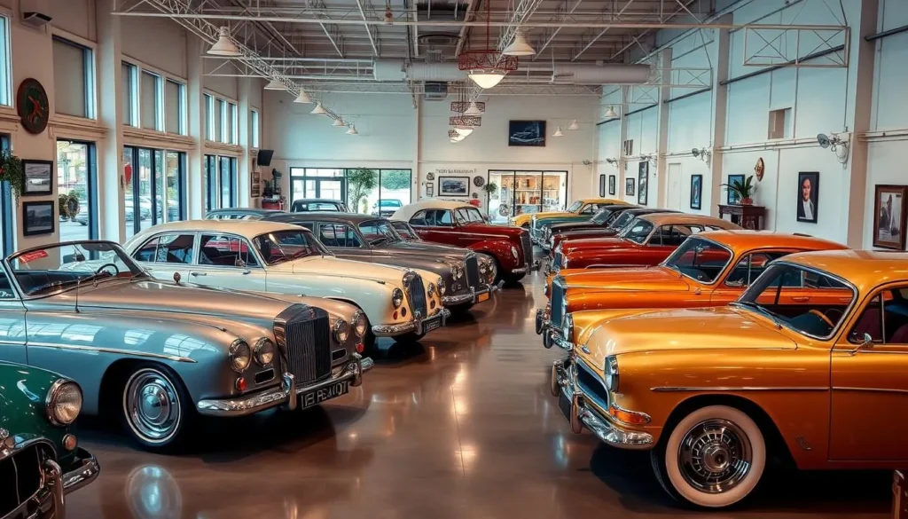 An image of a vintage car showroom with multiple classic cars on display