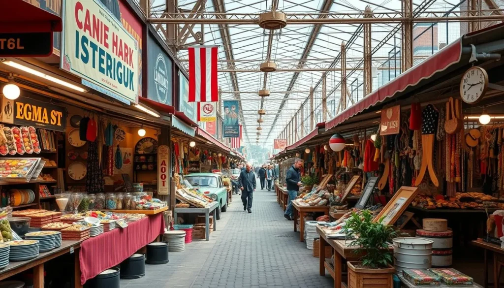 An image of a vintage market with multiple vendors