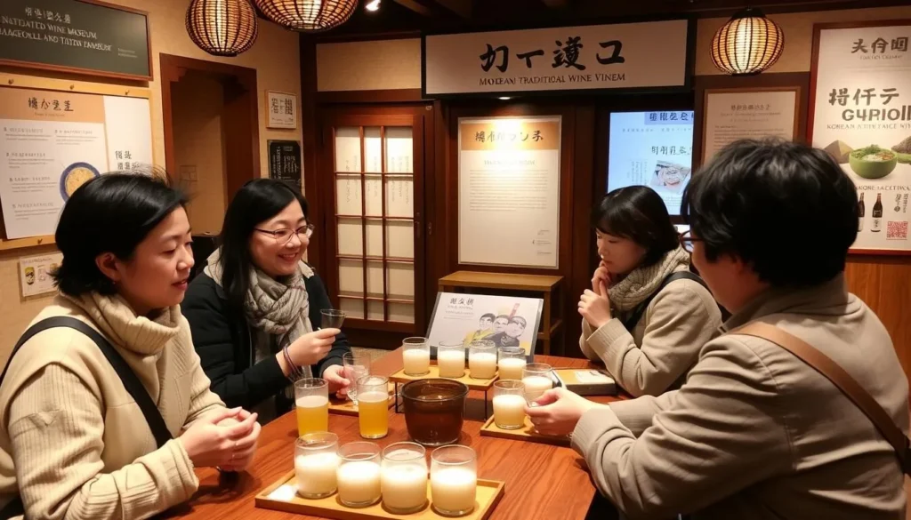 An image of a visitor participating in a makgeolli tasting session at the Baedari Korean Traditional Wine Museum.