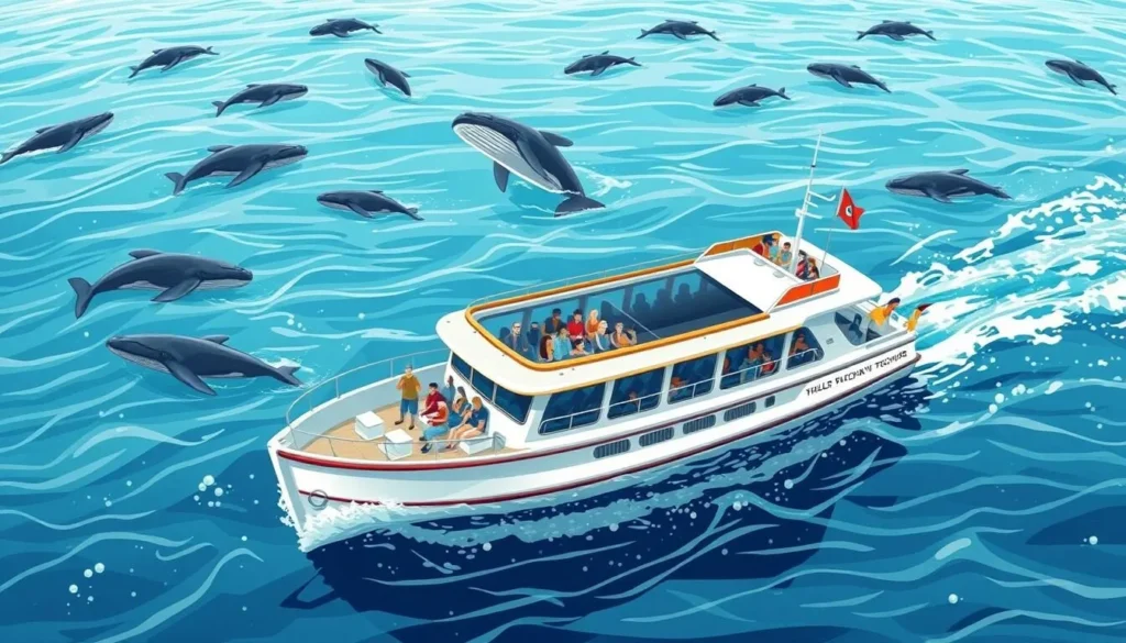 An image of a whale watching tour boat with humpback whales in the background
