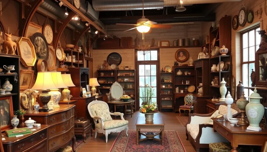 An image of an antique store interior with vintage furniture and decorative items
