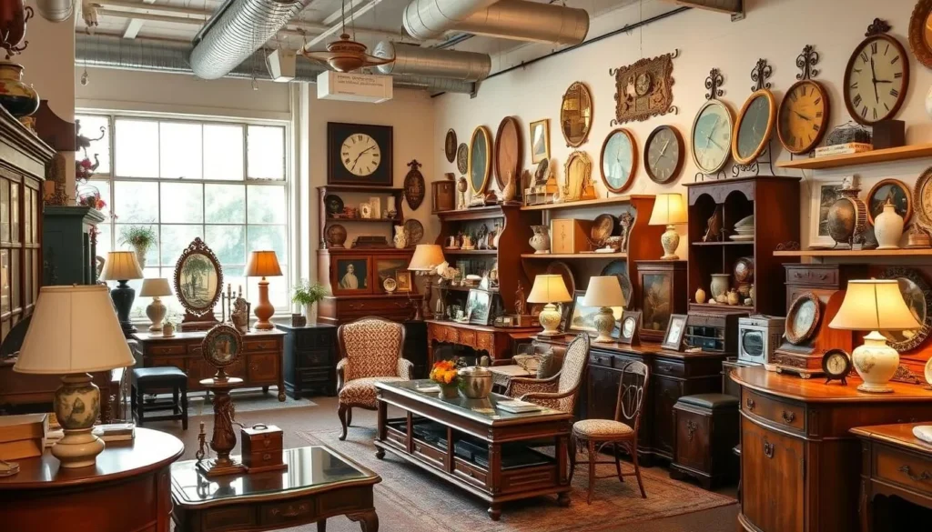 An image of an antique store with various vintage items on display