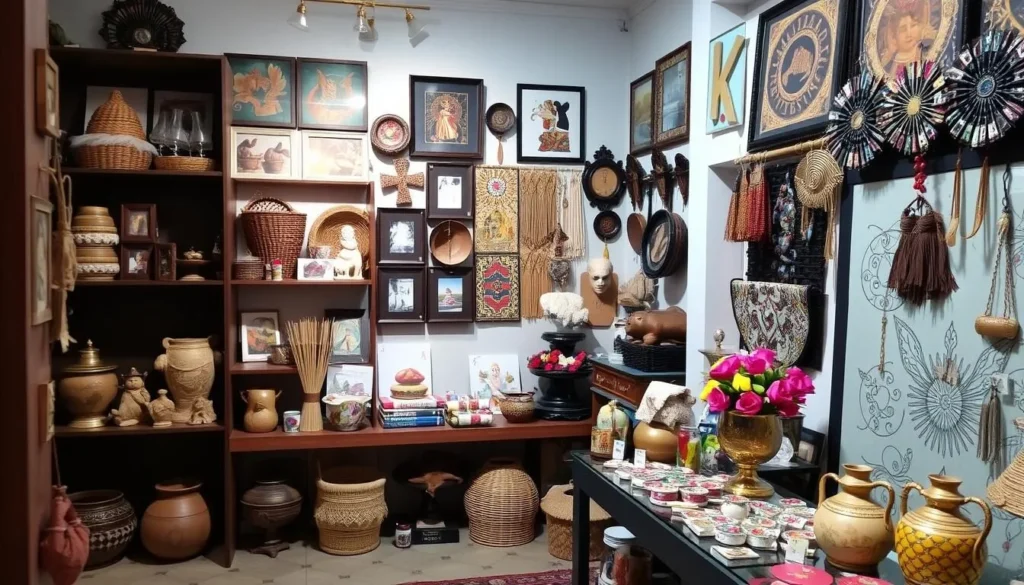 An image of an art gallery gift shop with a diverse display of handmade crafts and artistic items.
