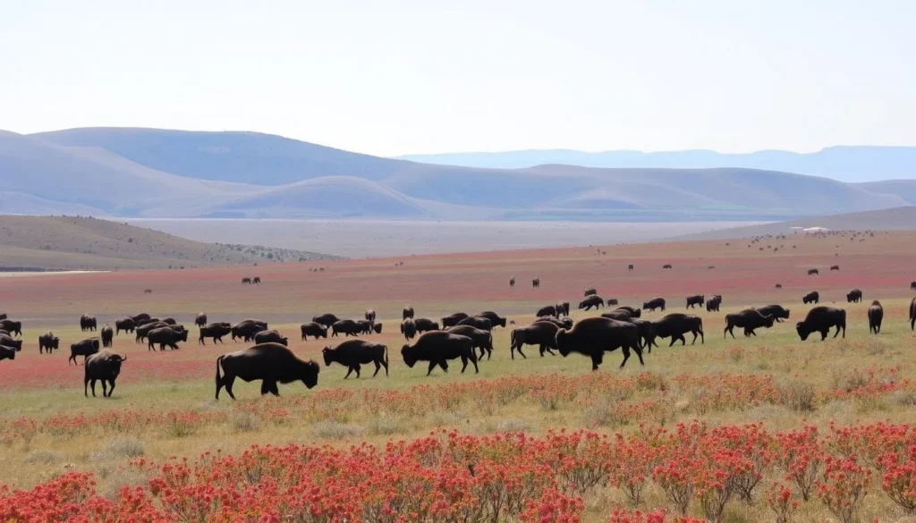 An image of bison roaming freely in the Wichita Mountains Wildlife Refuge