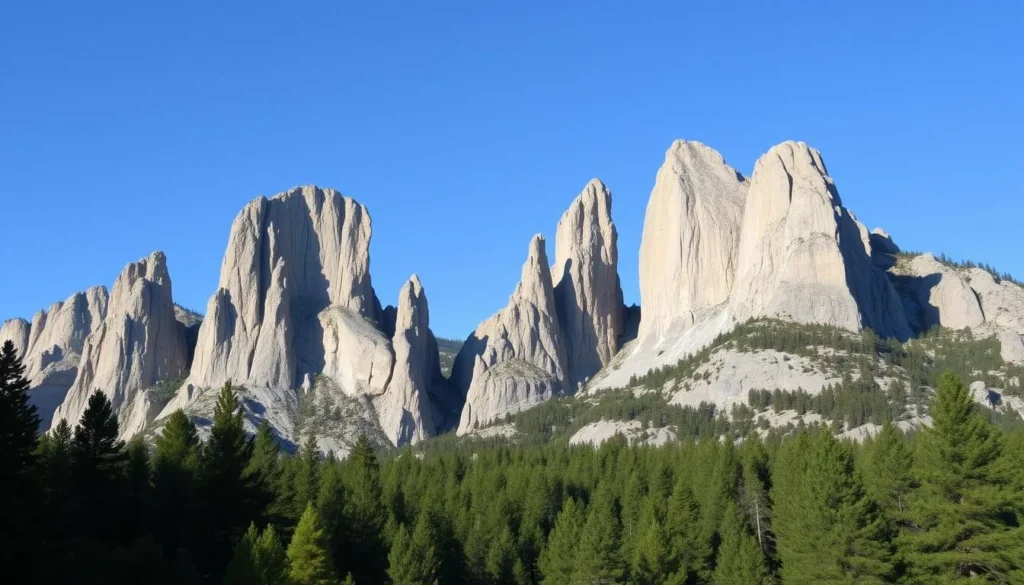 An image of dramatic granite spires rising above the forest.