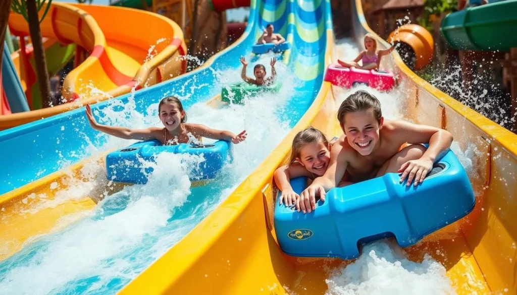 An image of families enjoying water slides at Zoombezi Bay Waterpark.