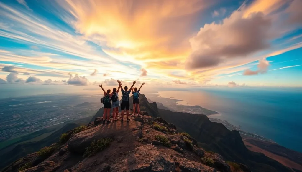 An image of hikers at the summit of Diamond Head