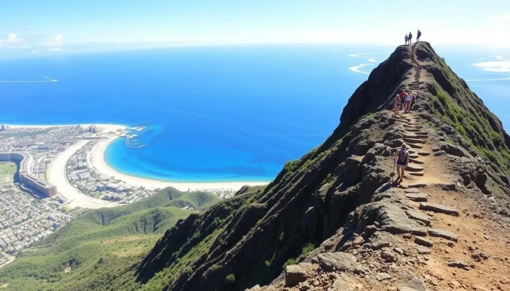 An image of hikers reaching the summit of Diamond Head with Waikiki in the background.