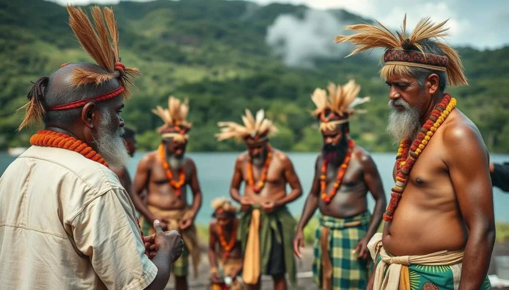 An image of men preparing for the Nagol Land Diving ceremony on Pentecost Island, Vanuatu.