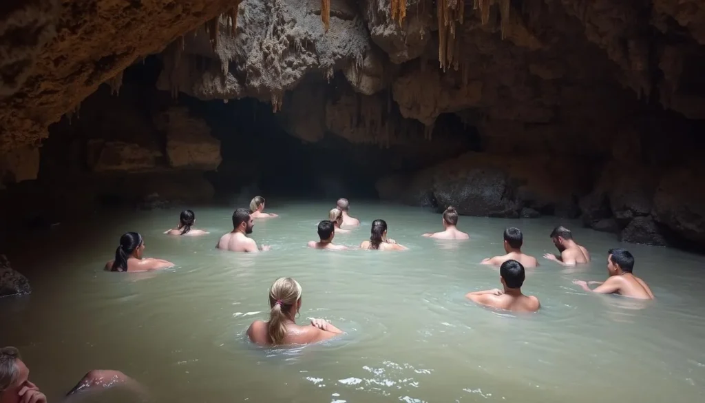 An image of participants in a mud bath during a Dark Cave tour