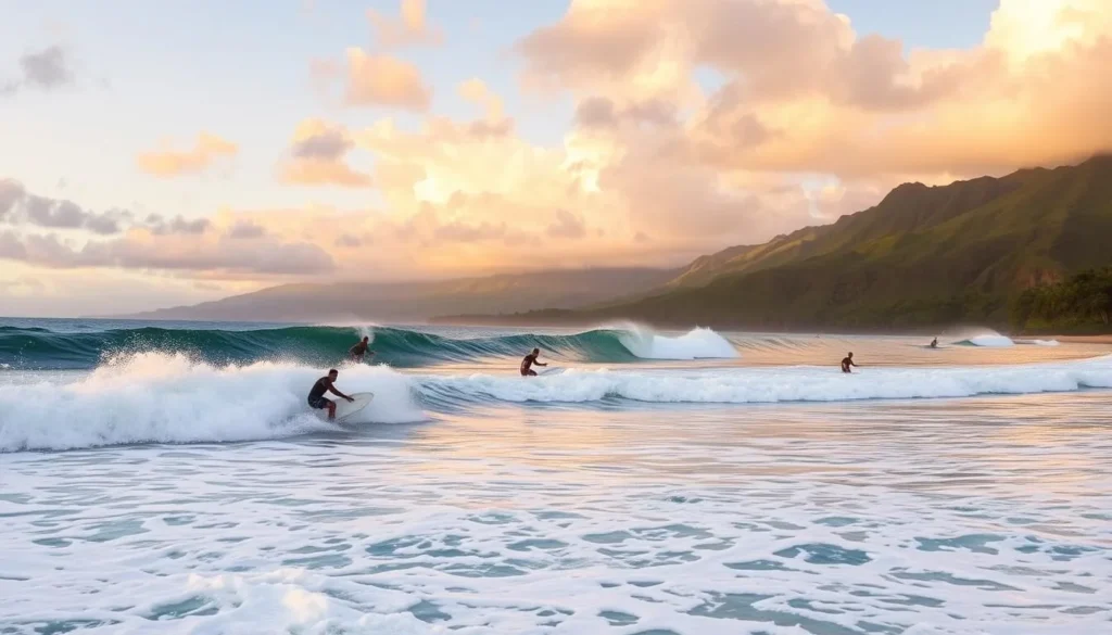An image of surfers riding waves at Hanalei Bay