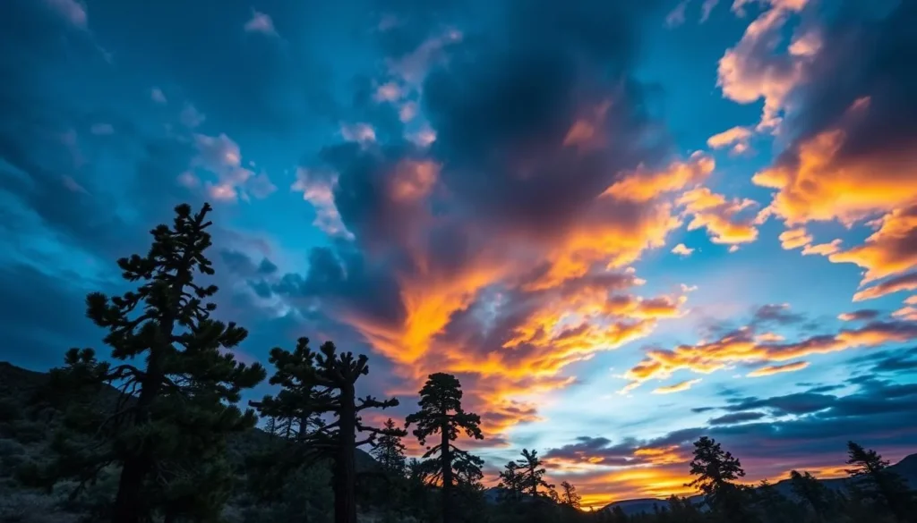 An image of the Ancient Bristlecone Pine Forest with bristlecone pines against a dramatic sky