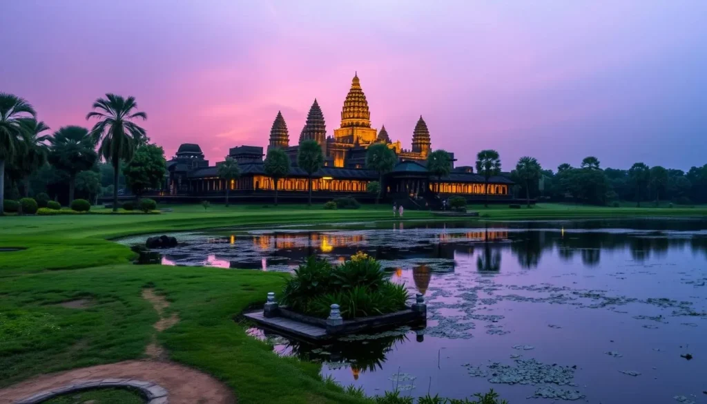 An image of the Angkor Wat temple complex at sunrise