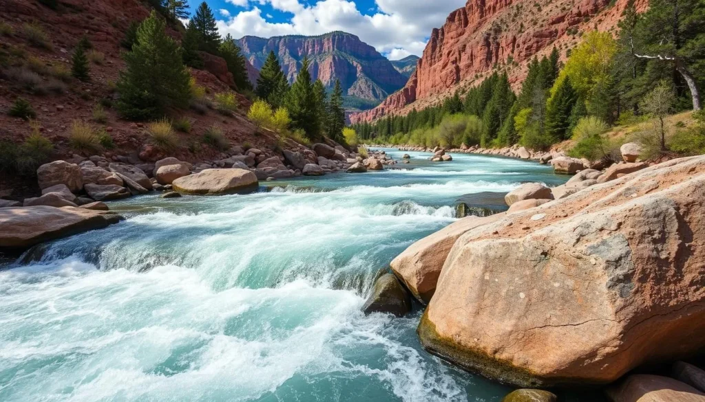 An image of the Animas River Whitewater Park in Farmington, New Mexico, showcasing its exciting rapids and scenic surroundings.