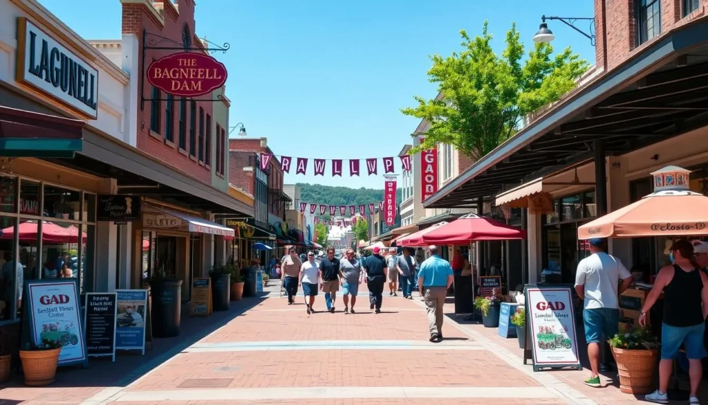 An image of the Bagnell Dam Strip with its shops and street performers.
