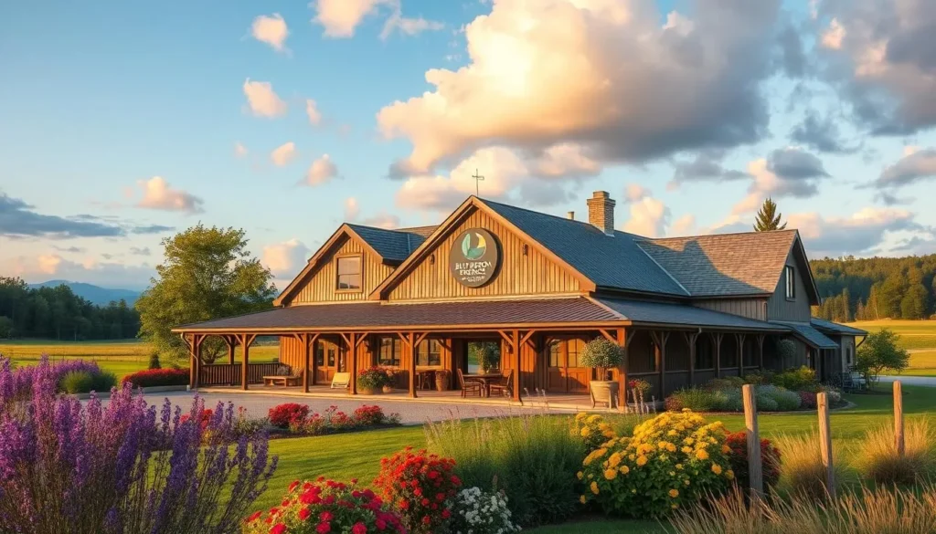 An image of the Blue Heron French Cheese Company building with a picturesque background.