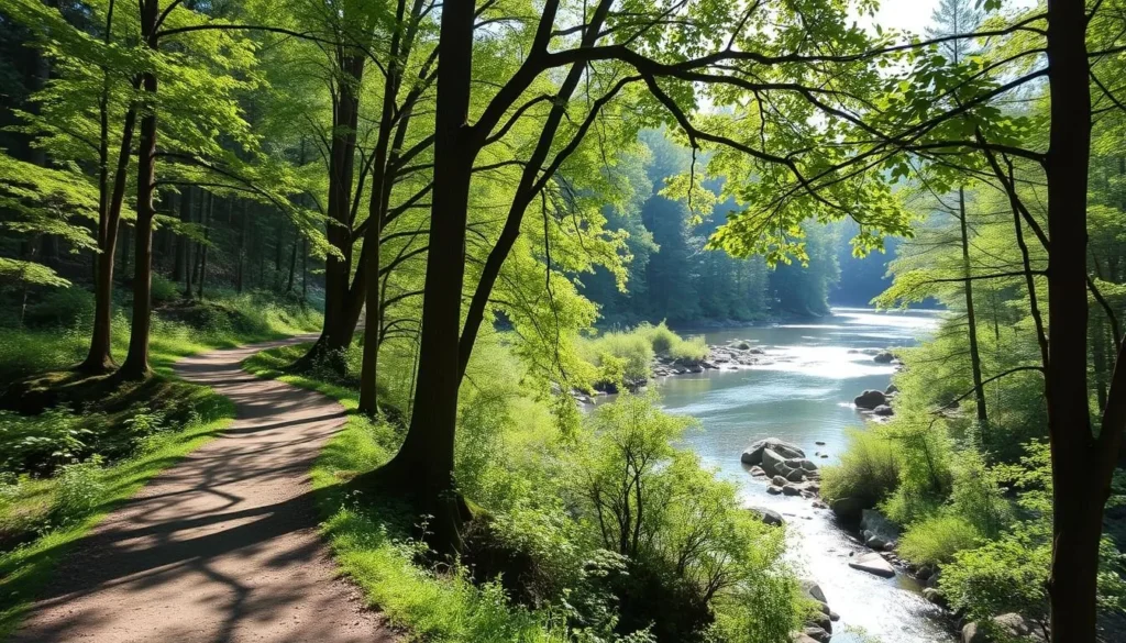 An image of the Bluff Springs Trail, showing its scenic woodland and riverside paths.