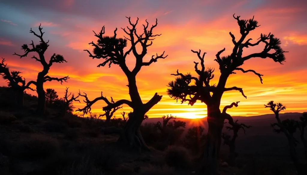 An image of the Bristlecone Pine Forest with ancient trees against a backdrop of a setting sun.
