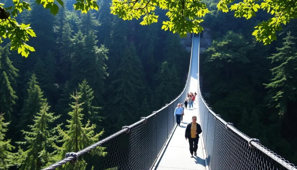 An image of the Capilano Suspension Bridge with people walking across it, surrounded by lush forest.