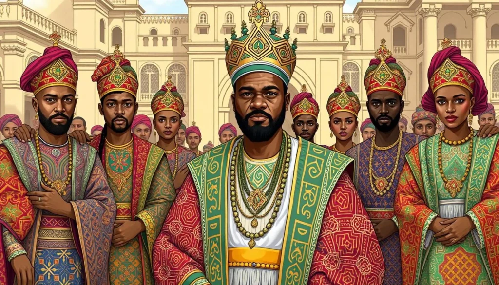 An image of the Deji of Akure Palace with courtiers in traditional regalia
