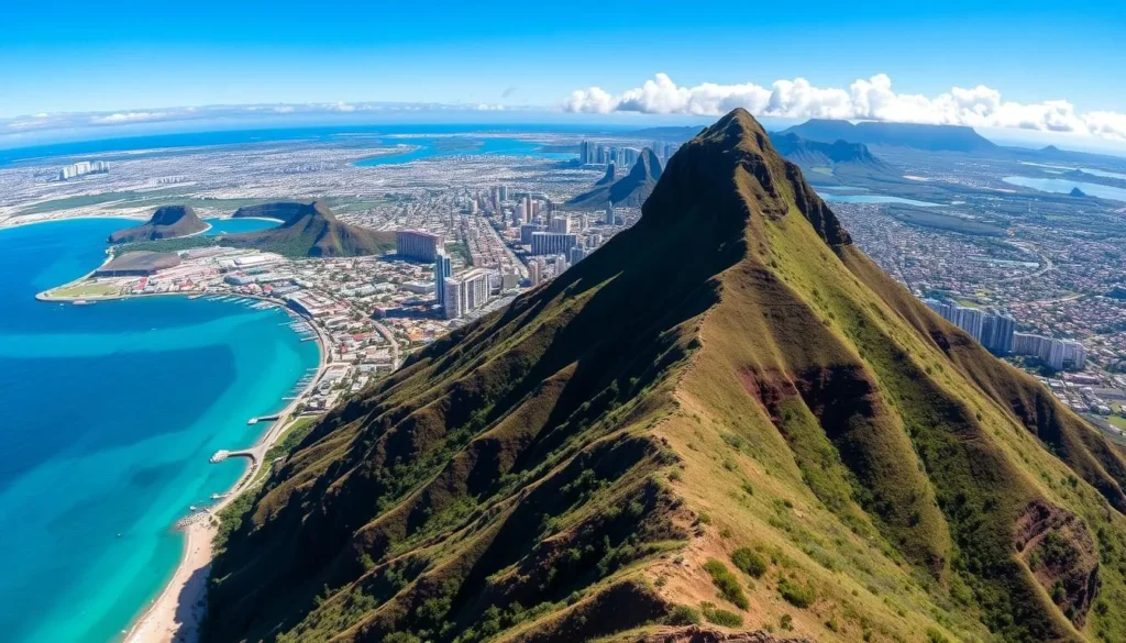 An image of the Diamond Head crater with panoramic views of Honolulu