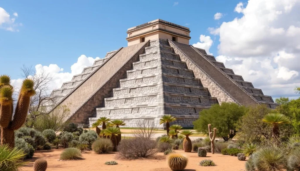 An image of the El Cerrito pyramid in Queretaro, Mexico, showcasing its grandeur and surrounding desert garden landscaping.