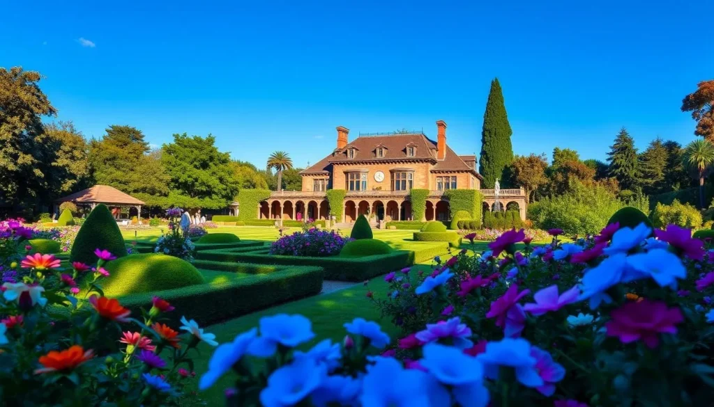 An image of the Filoli Center's gardens with its historic mansion in the background.