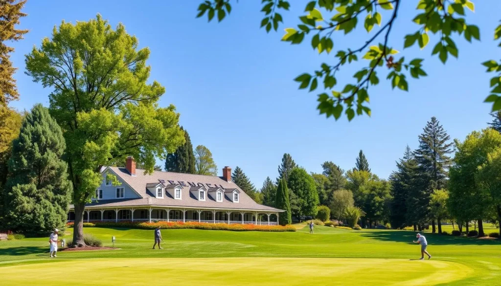 An image of the Fremont Golf Club's clubhouse surrounded by lush greenery and golfers on the course.