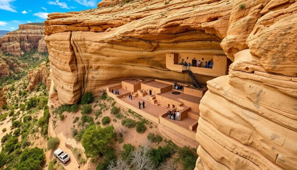 An image of the Gila Cliff Dwellings National Monument, showcasing the ancient cliff dwellings and the surrounding landscape.