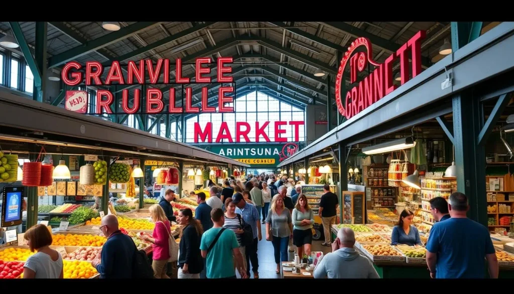 An image of the Granville Island Public Market interior, with people browsing stalls and enjoying food.