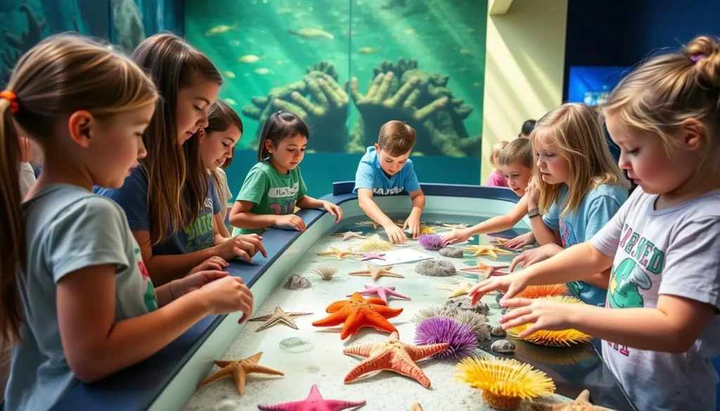 An image of the Hatfield Marine Science Center's touch tank with visitors interacting with marine creatures like sea stars and anemones.