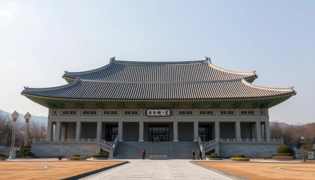 An image of the Independence Hall of Korea's main building, showcasing its grand architecture and serene surroundings.