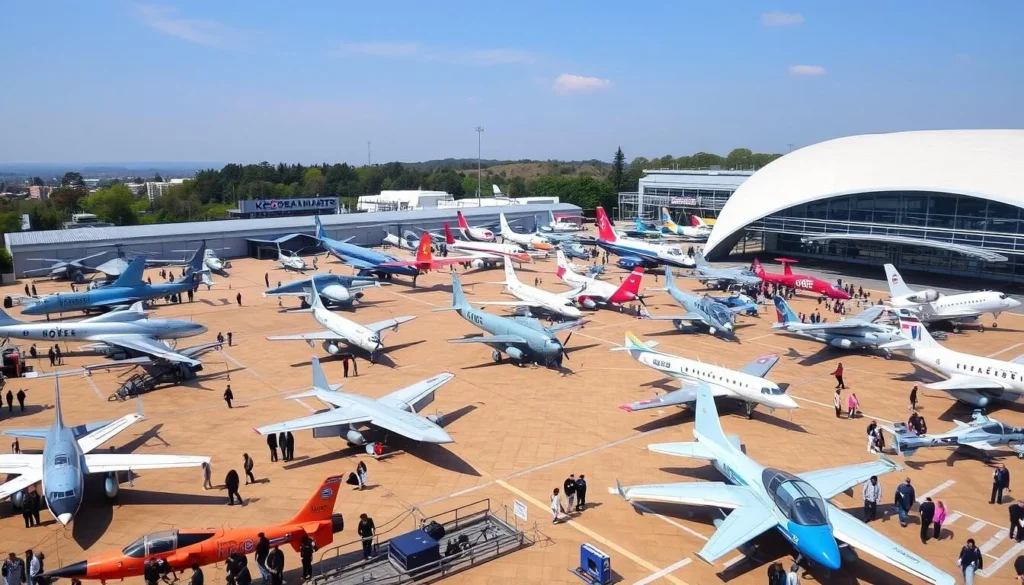 An image of the Korea Aerospace University Aviation Museum's outdoor exhibition area featuring various aircraft and helicopters.