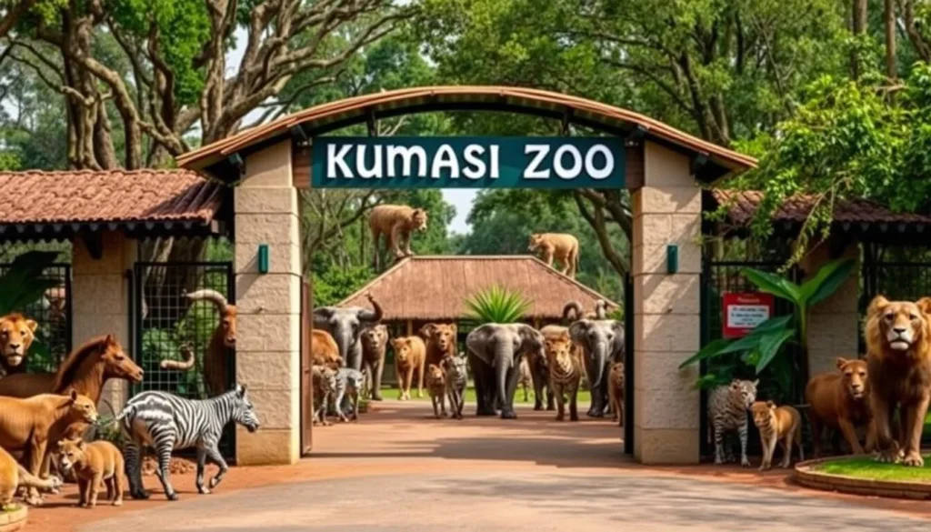 An image of the Kumasi Zoo entrance with a variety of animals in the background.