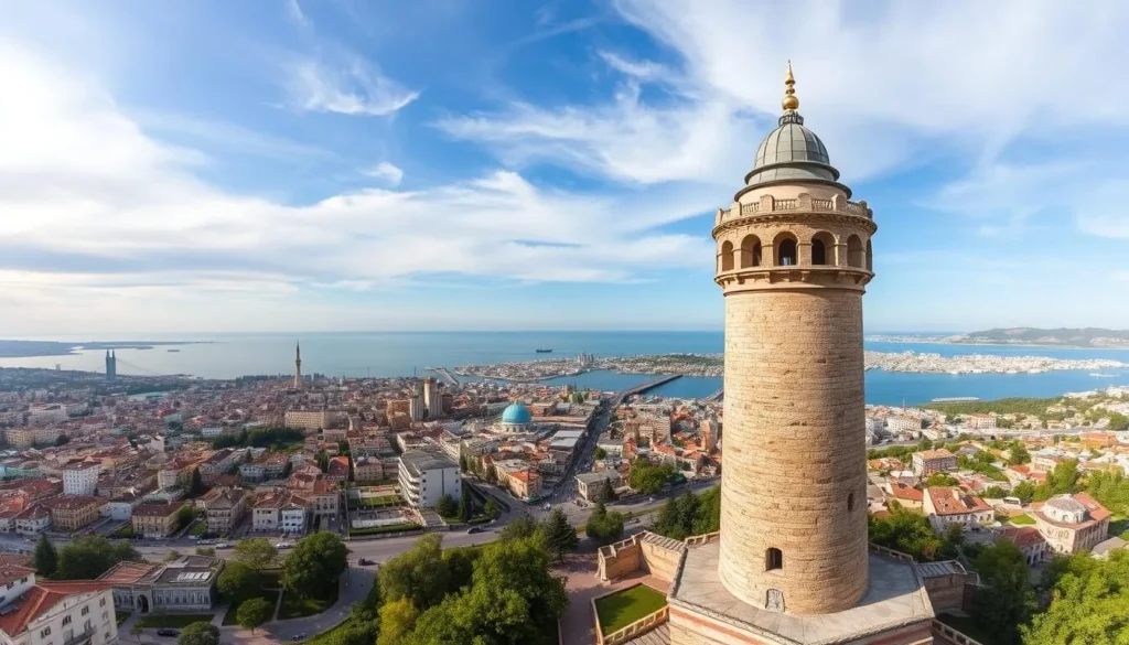 An image of the Maiden Tower, with a panoramic view of Baku and the Caspian Sea