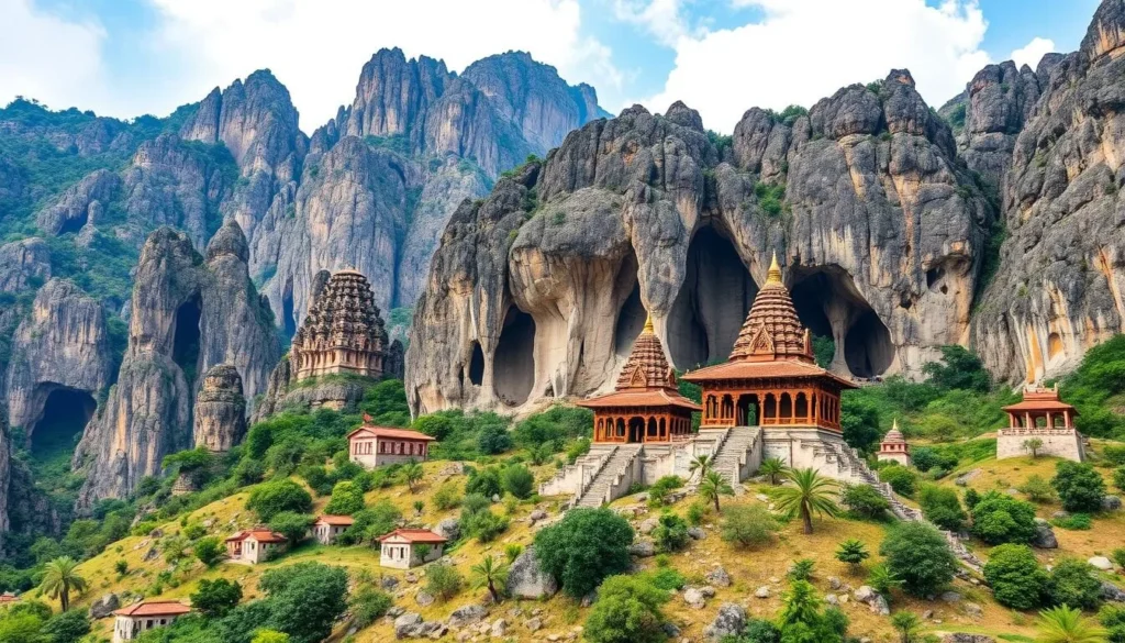 An image of the Marble Mountains with caves and temples