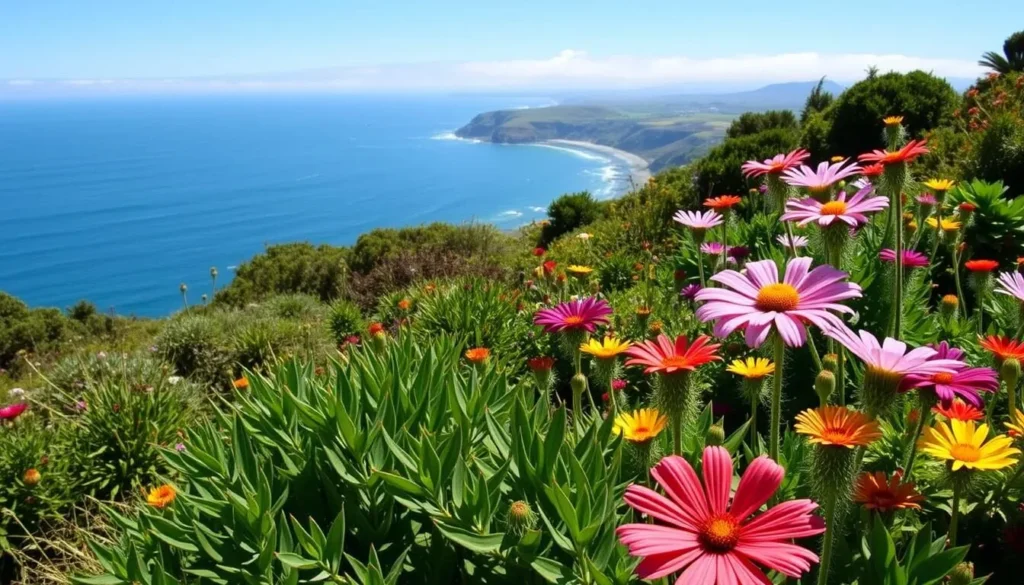 An image of the Mendocino Coast Botanical Gardens with a view of the ocean in the background.