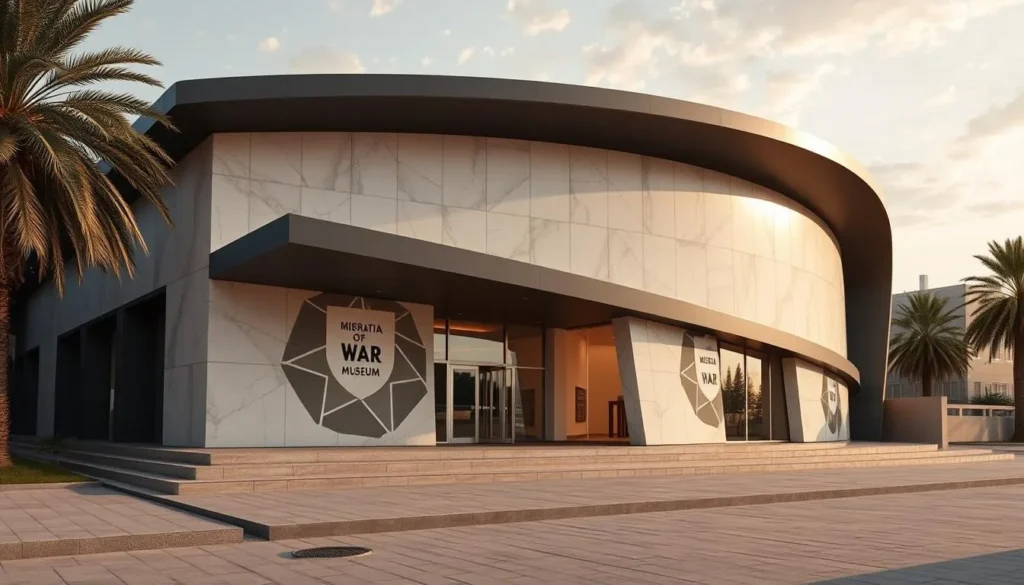 An image of the Misrata War Museum's exterior, showcasing its modern architecture amidst a backdrop of the city's resilient spirit.
