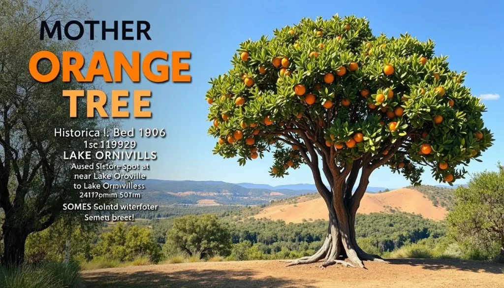 An image of the Mother Orange Tree, a historic citrus tree relocated near Lake Oroville