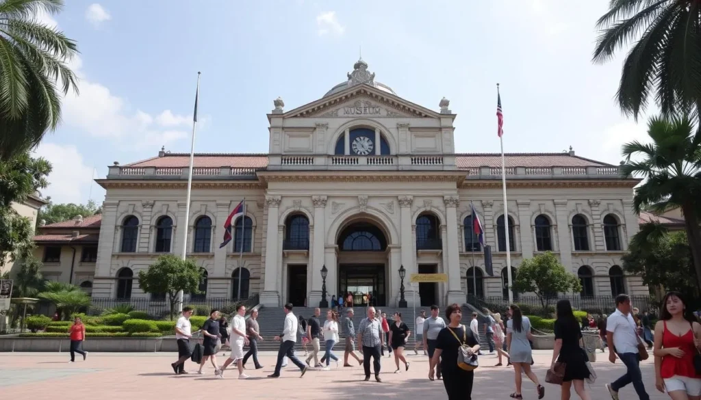 An image of the National Museum of Singapore's historic building with visitors walking in front