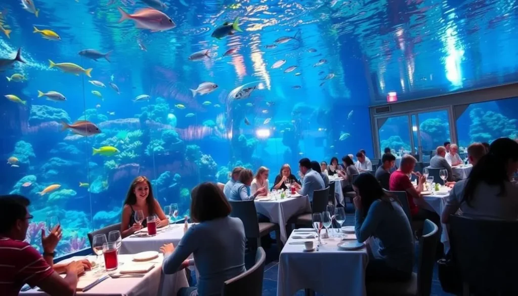 An image of the Ocean Restaurant's underwater dining area with guests enjoying their meal surrounded by marine life.