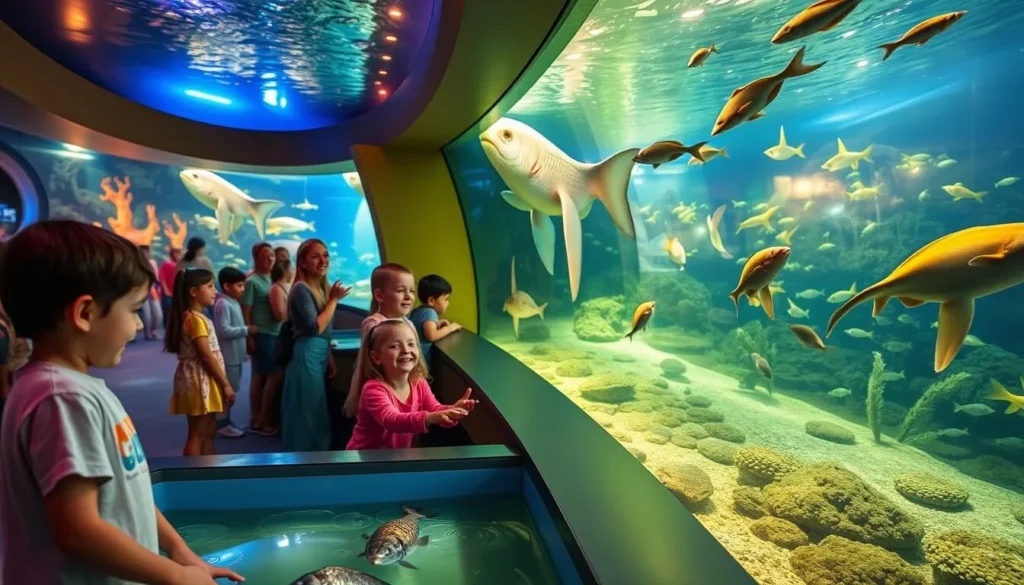 An image of the Ocean World Oceanarium's interactive touch tanks where children are engaging with marine life.