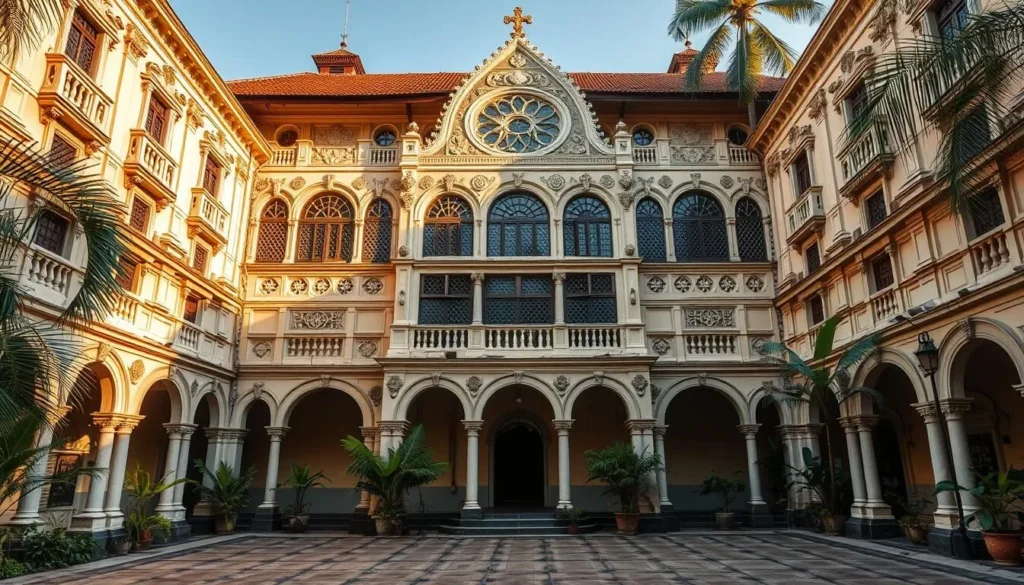 An image of the Old Dutch Hospital in Colombo, Sri Lanka, showcasing its colonial architecture and courtyard.